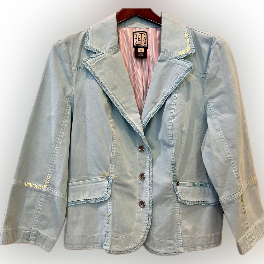 Bets by Canvasbacks Women’s Boho Artsy Designer Jacket Light Blue Size 14